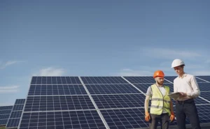 Dois homens analisando uma placa solar